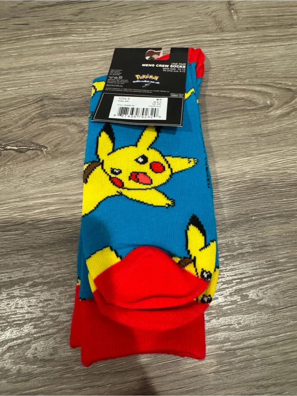 Pokemon Bioworld Pikachu Crew Socks Size 10-13 New With Tags - Blue & Red
